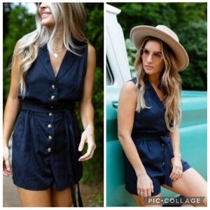 Kittenish Belted Sleeveless Romper Navy Blue S